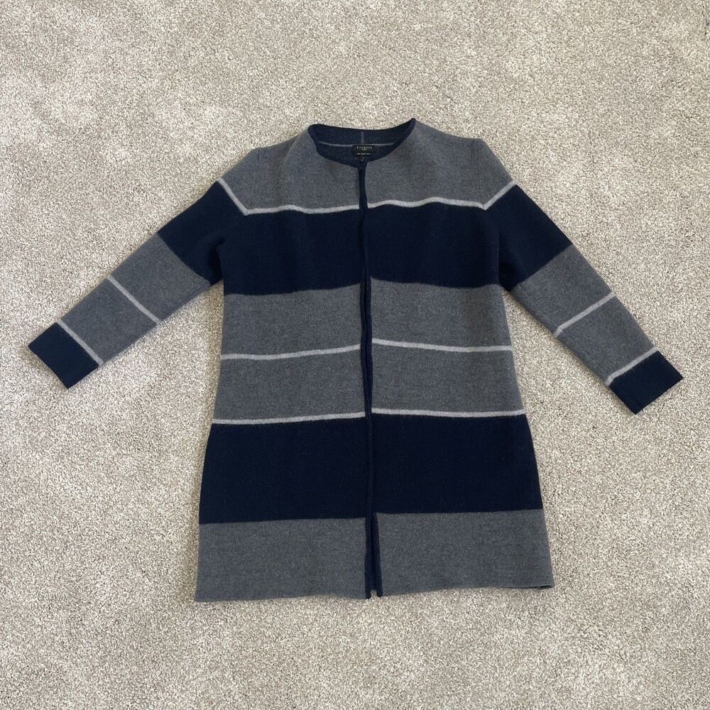 Talbots Merino Wool Sweater Womens Small Gray Blue Long Open Cardigan
